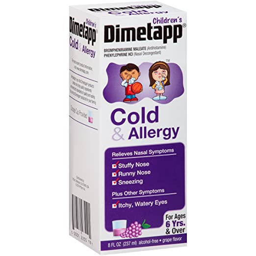 Children's Dimetapp Cold & Allergy Grape Flavor, Nasal Decongestant & Antihistamine, Alcohol-Free, Ages 6+, 8 Fl Oz, Pack of 1