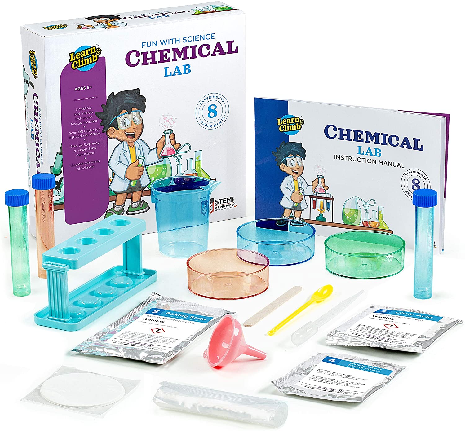 Learn & Climb Science Kits for Kids Age 5 Plus. 8 Chemistry Experiments, Step-by-Step Manual. Gift for Girls & Boys 5,6,7,8