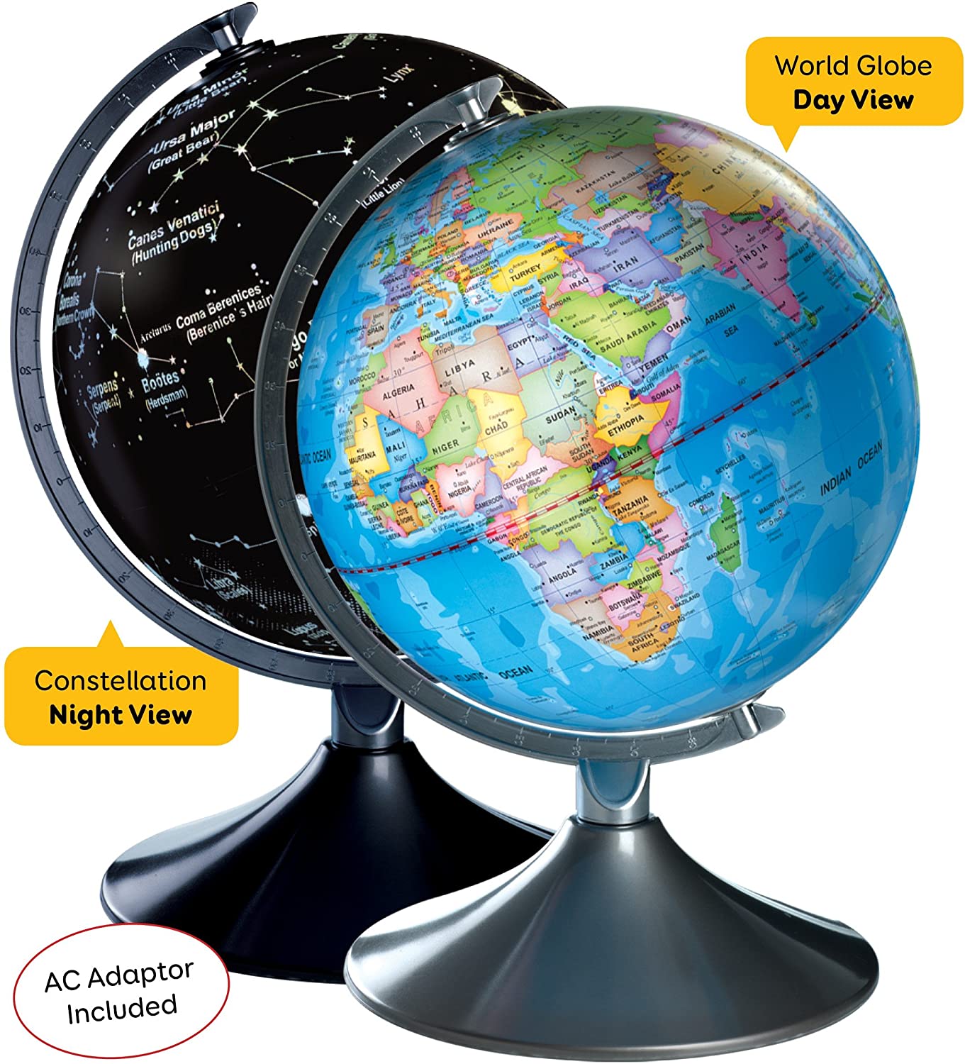 Interactive World Illuminated Globe for Kids - 2-in-1 Standing Political Earth Sphere by Day & Glowing Star Constellation Map at Night - AC Adapter Included