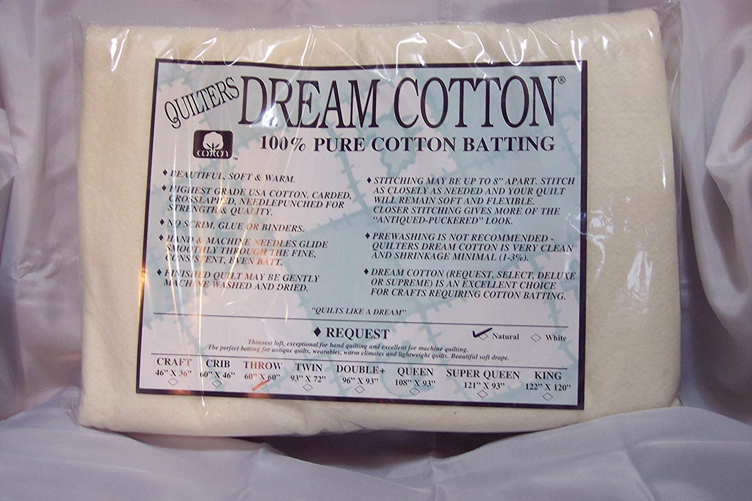 Quilters Dream Batting QDN3TH Natural Cotton Request 60" x 60" Thin Loft Throw