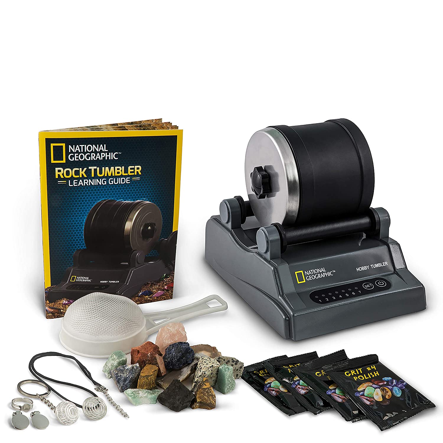 NATIONAL GEOGRAPHIC Hobby Rock Tumbler Kit - Includes Rough Gemstones, 4 Polishing Grits, Jewelry Fastenings & Detailed Learning Guide